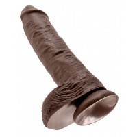 Большой коричневый фаллоимитатор с мошонкой 10 Cock with Balls на присоске - 25,4 см.