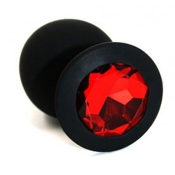 Чёрная силиконовая анальная пробка с красным кристаллом - 8,3 см.