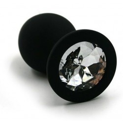 Чёрная силиконовая анальная пробка с прозрачным кристаллом - 8,3 см.