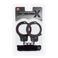 Чёрные наручники из листового металла в комплекте с веревкой BONDX METAL CUFFS LOVE ROPE SET