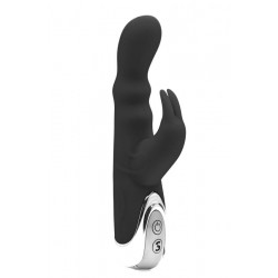 Чёрный вибратор Silicone Bunny с клиторальным отростком - 16,5 см.