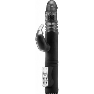 Чёрный вибратор Thrusting Rabbit с клиторальным стимулятором - 26 см.