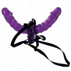 Фиолетовый страпон Double Delight Strap-on с вагинальной пробкой - 15 см.