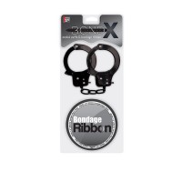 Набор для фиксации BONDX METAL CUFFS AND RIBBON: чёрные наручники из листового материала и липкая лента
